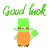 Good luck banner. Square card for Patrick Day with leprechaun and shamrock in hat. Vector illustration.