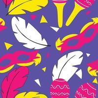 Seamless carnival pattern with mask and feathers and maraca. Vector illustration.