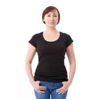 Shirt design and people concept - close up of woman in blank black t-shirt front isolated. Clean empty mock up template for design. photo