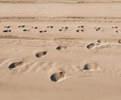 Traces of people in the sand of a beach. Pure sand on the beach as a background, texture. Selective focus. photo