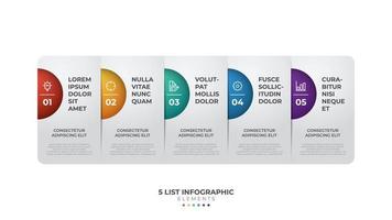 5 lista de pasos, diagrama de diseño horizontal con número de secuencia, plantilla de elemento infográfico colorido y moderno vector