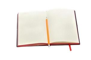 Business concept. Top view collection of notebook, white open flip curl rolled page and pencil on background for mockup photo