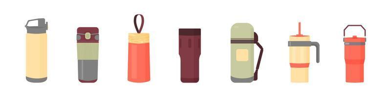 Coffee bottle set. Flat illustration of a cup for a drink, water. Vector travel mug for tea and tumbler