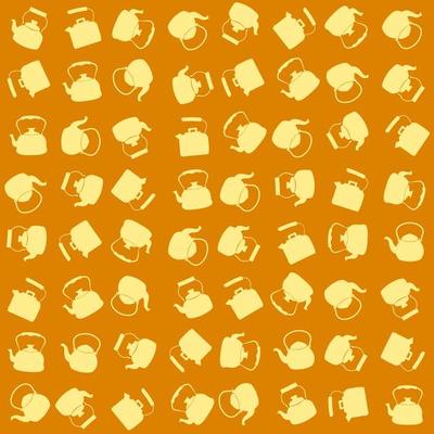 Seamless Yellow Pattern with Kettle. Vector background with different teapots. Endless kitchen texture.
