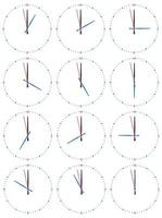 A set of mechanical clocks with an image of each of the twelve hours. Clock face on white background. vector