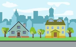 ciudad vectorial con dos casas de dibujos animados de dos pisos y árboles verdes en el día soleado. paisaje urbano de verano. vista de la calle con paisaje urbano en un fondo vector