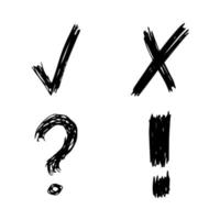 Hand drawn check, cross, question mark and exclamation mark symbols. Set of four black sketch symbols. Vector illustration