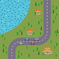 Plan of village. Landscape with the road, forest, lake, cars and three houses. Vector illustration