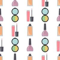 Seamless pattern with makeup items in flat style. Vector illustration.