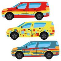 A set of three cars painted in different colors. Vector illustration