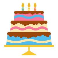 Sweet birthday cake with three burning candles. Colorful holiday dessert. Vector celebration background.