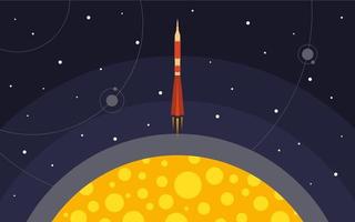 The rocket is removed from the planet. The rocket in space. Space travel. Vector illustration with flying rocket.