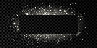 Silver rectangle frame with glitter, sparkles and flares on dark transparent background. Empty luxury backdrop. Vector illustration.