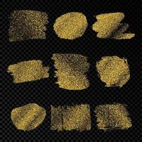 Gold glitter smears on dark transparent background. Set of nine paint brush strokes. Grunge design element. Vector illustration.