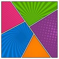 Colorful comic book page background in pop art style. Empty template with rays and dots pattern. Vector illustration