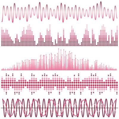Vector set of pink sound waves. Audio equalizer. Sound and audio waves isolated on white background.