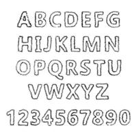 letras y números del alfabeto latino dibujados a mano. fuente y tipografía modernas en mayúsculas. símbolos negros sobre fondo blanco. ilustración vectorial