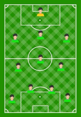 Football field with green grass and with eleven players. Vector illustration