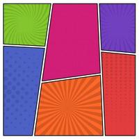 Colorful comic book page background in pop art style. Empty template with rays and dots pattern. Vector illustration