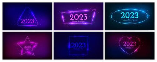 2023 Happy New Year neon background. Set of neon backdrops with frames with shining effects and sparkles and inscription Happy New Year. Dark background for Christmas holiday greeting card vector