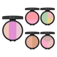 Set of makeup items. Five bright eye shadows with mirror. Vector illustration.