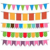 Colorful flags and bunting garlands for decoration. Decor elements with various patterns. Vector illustration