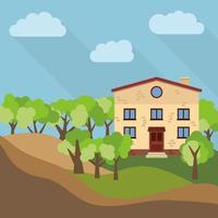 A lonely two-storey house surrounded by green trees. Vector illustration.