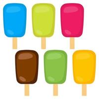 Set of vector illustration of ice cream. Multicolored creamy ice cream on a wooden stick