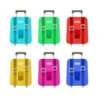 Set of six multicolored wheeled travel bag with luggage on white background. Suitcase for journey trip in flat style. Vector illustration