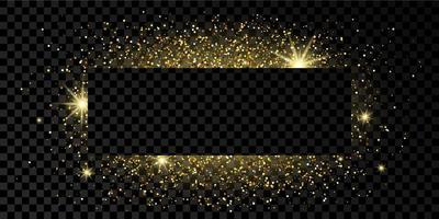 Golden rectangle frame with glitter, sparkles and flares on dark transparent background. Empty luxury backdrop. Vector illustration.