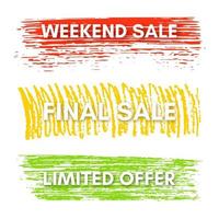 Weekend Sale, Final Sale, Limited Offer. Set of three sale banners on the colorful painted spots. Vector illustration