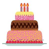 Sweet birthday cake with three burning candles. Colorful holiday dessert. Vector celebration background.