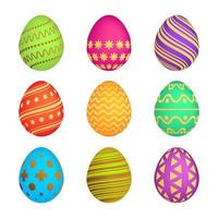 Set of Nine Easter eggs with different colorful texture on a white background. Vector illustration