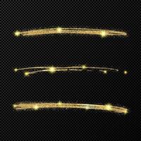 Abstract shiny confetti glittering waves. Set of three hand drawn brush golden strokes on black transparent background. Vector illustration