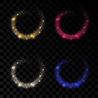 Set of four light wave with gold, silver, red and blue glitter effects on a dark transparent background. Abstract swirl lines. Vector illustration