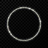 Silver glitter frame. Circle frame with shiny stars and sparkles on dark transparent background. Vector illustration