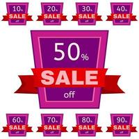 Set of discount stickers. Pink badges with red ribbon for sale 10 - 90 percent off. Vector illustration.