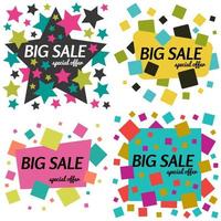 Set of big sale special offer square banners on white background. Vector background with colorful design elements. Vector illustration.