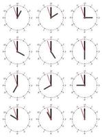 A set of mechanical clocks with an image of each of the twelve hours. Clock face on white background. vector