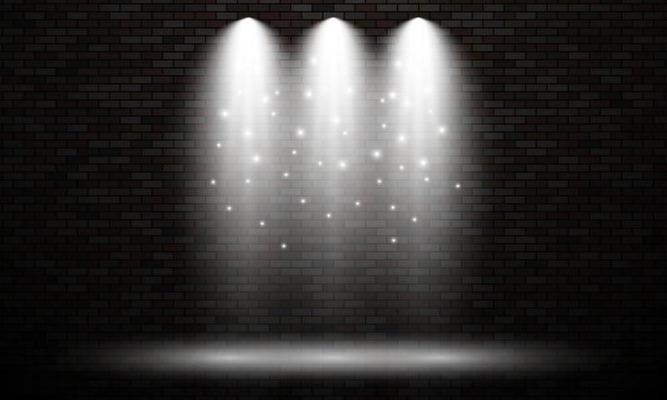 Brick wall with lights spots. Three isolated lights effects of white color on dark brick wall background. Vector illustration