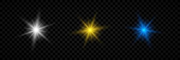 Light effect of lens flares. Set of three white, yellow and blue glowing lights starburst effects with sparkles on a transparent background. Vector illustration