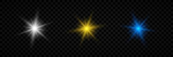 Light effect of lens flares. Set of three white, yellow and blue glowing lights starburst effects with sparkles on a transparent background. Vector illustration