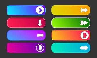 Colorful gradient buttons with arrows. Set of eight modern abstract web buttons. Vector illustration