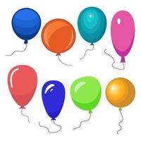 Set of eight colorful balloons with a string isolated on white background. Vector illustration