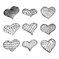 Set of nine Sketch Scribble Hearts. Hand drawn Pencil Scribble Hearts. Vector illustration