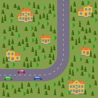 Plan of village. Landscape with the road, forest, cars and houses. Vector illustration