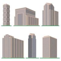 Set of six modern high-rise building on a white background. View of the building from the bottom. Isometric vector illustration.