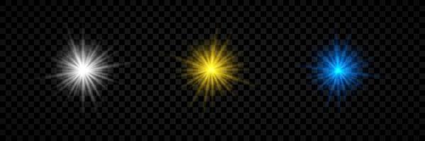 Light effect of lens flares. Set of three white, yellow and blue glowing lights starburst effects with sparkles on a transparent background. Vector illustration