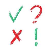 Hand drawn check, cross, question mark and exclamation mark symbols. Set of four green and red sketch symbols. Vector illustration