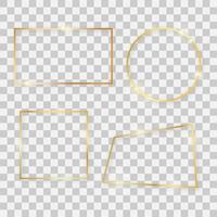 Gold shiny frames with glowing effects. Set of four gold rectangular, round, square and quadrangular frames with shadows on transparent background. Vector illustration